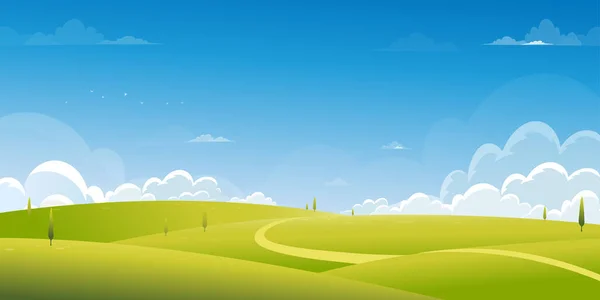 Spring Background Green Grass Field Landscape Mountain Blue Sky Clouds — 스톡 벡터