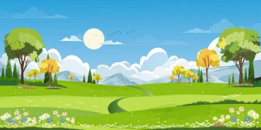 Baharda yeşil alanlar, dağ, mavi gökyüzü ve bulutlar arka planda, Panorama barışçıl kırsal doğada yeşil çimen arazisi. İlkbahar ve yaz afişi için çizgi film vektör illüstrasyonu