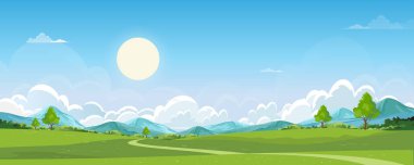 Nature Spring Rural landscape,Green Field with Cloud and Blue Sky,Vector horizon panoramic Natural Countryside with forest tree and Mountains in Sunny day,Cartoon Vector for Spring, Summer banner 