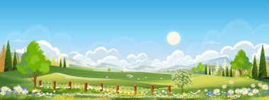 Nature Spring Rural farm landscape with Green Field with Cloud, Blue Sky,Vector horizon Natural rural Countryside with forest tree,Mountains in Sunny day,Cartoon Vector for Easter,Spring,Summer banner