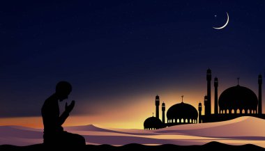 Ramadan Kareem background with prayer and Mosque dome with twilight dusk sky,Silhouette Muslim man making a supplication(salah),Vector symbolic for Islamic religion,Eid al-Adha,Eid Mubarak,Eid al fitr