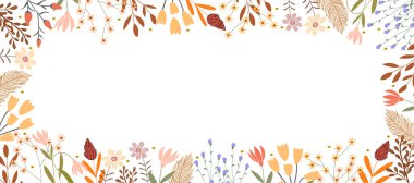 Autumn flowers frame on white background,Fall horizontal banner with cute hand drawn colourful wild flowers and leaves border,Vector illustration backdrop background for Thanksgiving,Harvest DayAutumn flowers frame on white background,Fall horizontal