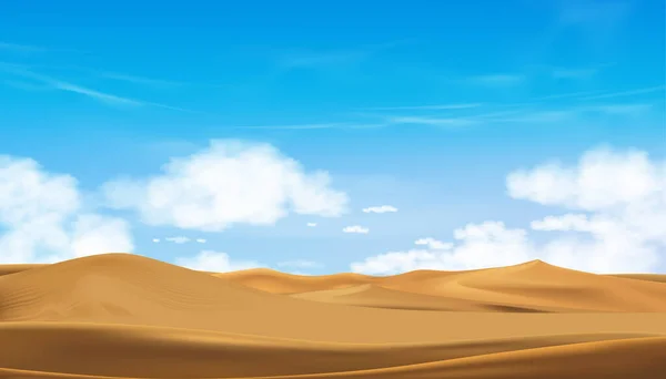 Blue sky with fluffy cloud and Desert landscape with Sand Dunes in hot Sunny day Summer,Vector Panorama Beautiful nature with Brown sand in Morning Spring,Concept for Travel or Spring,Summer Promotion