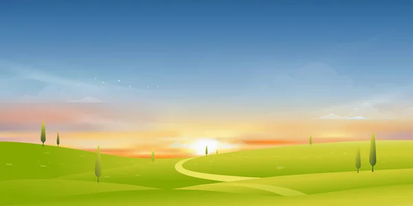 Frühling Natur Hintergrund Von Green Field Landschaft Mit Sonnenaufgang Himmel — Stockvektor