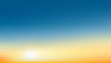 Sunset Sky Background, Sunrise with Yellow and Blue Sky, Doğa Manzarası Romantik Altın Saat, Alacakaranlık Akşamı, Dört Mevsim İçin Vector Horizon Banner Sunlight konsepti
