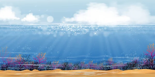 Undervattens Djuphavsblått Med Sol Och Moln Botten Havet Med Solstråle — Stock vektor