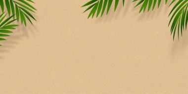 Palm Leaf ve Shadow ile kum plajı dokusu, vektör illüstrasyonu düz yatay manzaralı tropik yaz plajı, hindistan cevizi kahverengi kumlu fotokopi alanı, tatil arkaplanı