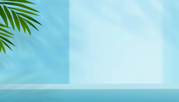 空の壁の部屋の背景 ココナッツパームと影を持つ3Dディスプレイスタジオ 青い壁に太陽のオーバーレイを持つ部屋 ベクトル最小限の背景デザイン春 販売のための夏の製品プレゼンテーション プロモーション空の壁の背景 3Dディスプレイスタジオココナッツと — ストックベクタ