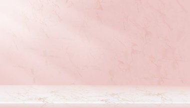 Kabataslak zeminli bej mermer duvar dokusu, yüzey desenli Pembe Granit Masa üstünün üst görünümü, Kozmetik Ürün Sunumu için Fotokopi Alanı olan 3D Boş Stüdyo odası