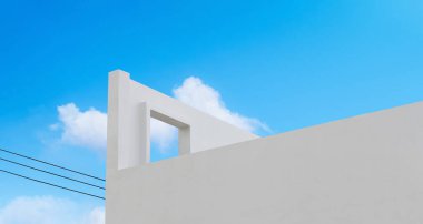 Mavi gökyüzü ve bulutlara karşı açık pencereli beton duvar dokusu, Horizon beyaz boya çimento binası, Karınca manzaralı dış modern mimari, baharda veya yaz aylarında çatıda açık kapısı olan en küçük bina. 