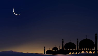 Cami kubbeli İslami kart, mavi gökyüzünde Hilal ay, İslami din için alacakaranlık gökyüzü, Kurban Bayramı, Kurban Bayramı, Ramazan Kareem