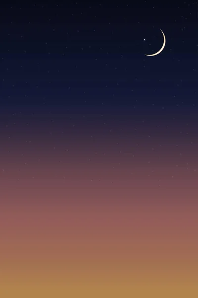 黄色の背景に三日月のイスラムカード 劇的なサセットで垂直バナーラマダーン夜 イスラム教のための夕暮れの空 イード アーダ イード ムバラク イード フィトル ラマダーン — ストックベクタ