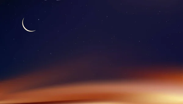 イスラムのグリーティングカード 三日月とスタロンの日没の空の背景とラマダーンKareemデザイン ベクトル宗教イスラムの象徴 ラマダーンKareemのためのイスラム教徒 イード ムバラク イード アーダ イード フィトル — ストックベクタ