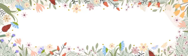 Ανοιξιάτικο Πανό Floral Διακόσμηση Χαριτωμένα Πολύχρωμα Ανθισμένα Λουλούδια — Διανυσματικό Αρχείο