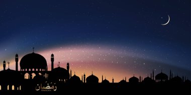 Ramadan calligraphy Arabic with Silhouette Dome Mosques,Crescent moon on Dusk sky background, Vector Ramadhan Night with twilight sky. Islamic or Muslims religion the month of Ramadan Kareem