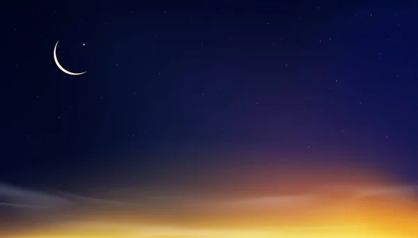 Cartão Islâmico Ramadã Kareem Lua Nova Estrela Céu Pôr Sol —  Vetores de Stock