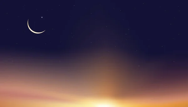 Islamic Card Ramadan Kareem Crescent Moon Star Sunset Sky Vector — Stock Vector