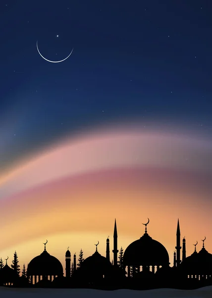 Koyu Mavi Gökyüzü Arka Planında Hilal Ile Ramazan Gecesi Alacakaranlık — Stok Vektör