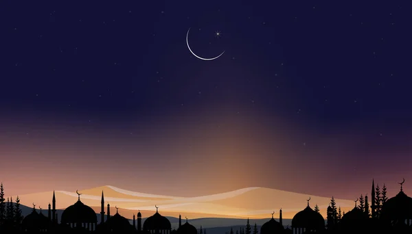 Carte Ramadan Kareem Mosquées Silhouette Dôme Croissant Lune Étoile Crépuscule — Image vectorielle
