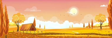 Sonbahar manzarası, Sunset Sky ile kırsal alan, Güzel Ortaçağ tarım alanı, dağ, turuncu yapraklarla kaplı çimler sarı gökyüzünde ağaçlardan düşüyor. Sonbahar mevsiminde Horizon Banner manzarası 