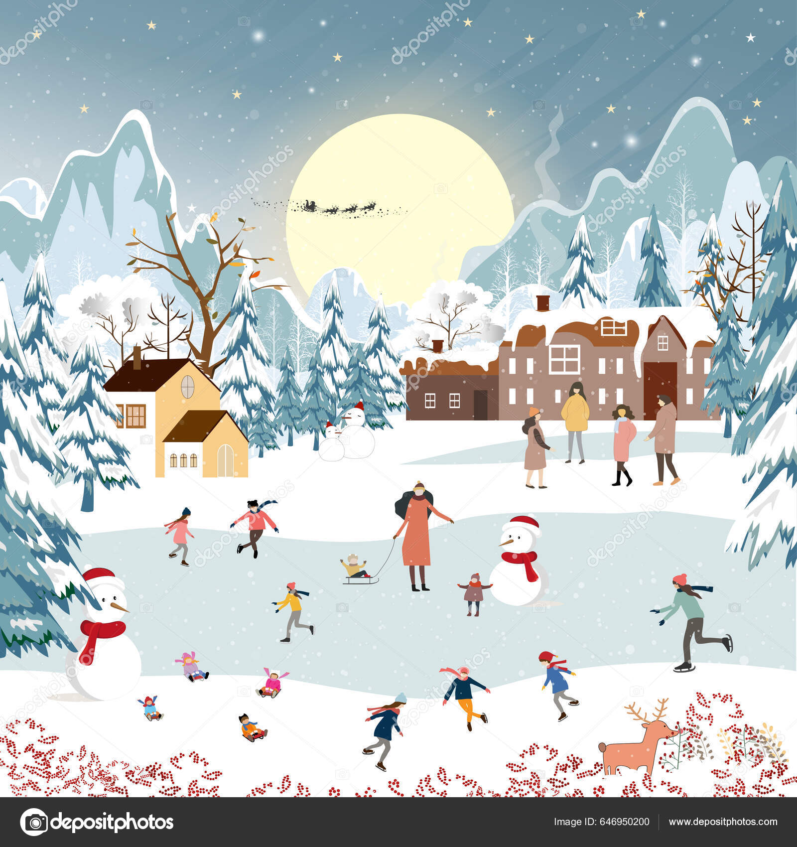 Winter Landscape Snow Fallingon Christmas Night Village Vector Banner Cute  Stock Vector by ©annbkk.gmail.com 646950200