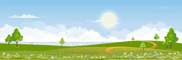 Frühlingsgrüne Felder Landschaft See Blauer Himmel Und Wolken Hintergrund Panorama — Stockvektor