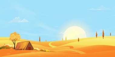 Sonbahar manzarası, sabah gökyüzü ile kırsal alan, Güzel Ortaçağ tarım alanı, dağ, çimenler bulutlu ve mavi gökyüzü ile portakal yeşilliğine iniyor. Sonbahar mevsiminde Horizon Banner manzarası 