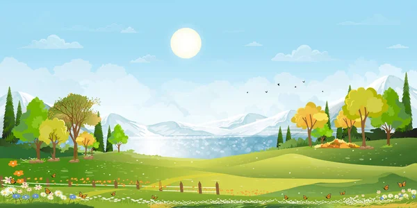 Деревня Природы Весна Пейзаж Озера Зеленым Полем Облако Голубое Небо — стоковый вектор
