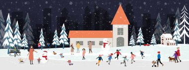 Yılbaşı gecesi köyde kar yağan kış manzarası, şirin Kış Harikalar Diyarı 'nın taşıyıcısı Mutlu insanlar parkta kutlama yapıyor, Mutlu Noeller, 2024 yılbaşı kartı geçmişi