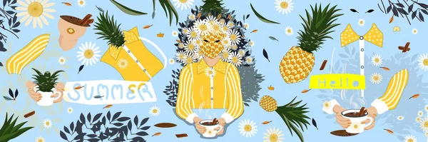 一个有菠萝脸的女人喝着热咖啡 带着花束热带水果 蓝色背景的黄色衬衫 大家好 夏天的横幅 病媒图解 — 图库矢量图片