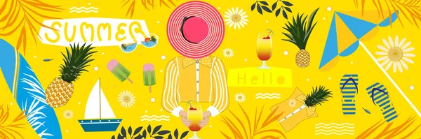 夏季场景背景 病媒图解热带夏季女性 粉红帽 棕榈叶 冲浪板 冰激凌 黄色背景伞 — 图库矢量图片