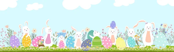 Easter Background Spring Field Blue Sky Landscape Bunny Hunting Easter — Image vectorielle