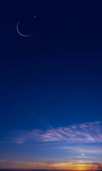 Islamic card with Crescent moon,Star on Sunset Sky,Horizon Nutural Ramadan Sky for religions symbolic of Muslim culture for Generous Ramadan,New Moon,Prayer time.Eid Mubarak,Eid al Adha,Eid al Fitr