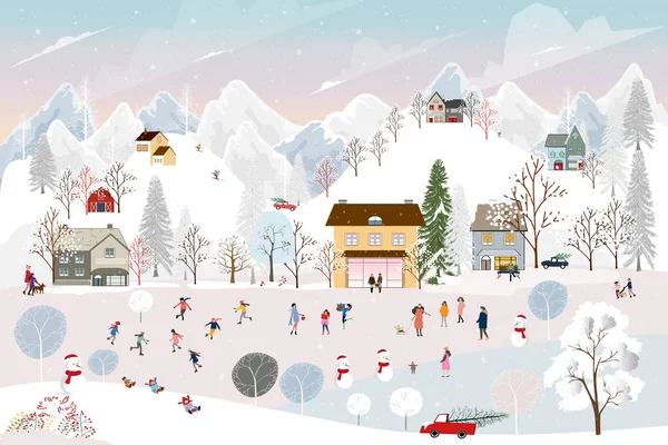 Winterlandschaft Mit Schneefall Der Weihnachtsnacht Dorf Vektorbanner Niedlich Winter Wonderland — Stockvektor