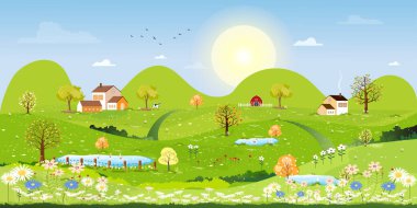 Baharda yeşil alanlar, dağ, mavi gökyüzü ve bulutlu arka plan, Panorama barışçıl kırsal köy yeşil çimen arazili. İlkbahar ve yaz afişi için çizgi film vektör illüstrasyonu