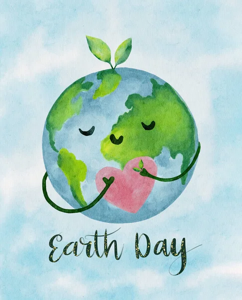 Earth Day banner,Watercolor paint International Mother Earth Day with Tree on Smile Globe hugging Heart on Blue sky ,Illustration Environmental problem, Environmental protection and Caring for Nature