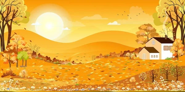 Jesienne Pola Krajobraz Góry Pomarańczowy Żółte Niebo Chmury Tle Panorama — Wektor stockowy
