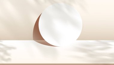 Şeftali zemininde gölge yaprakları olan 3d bej duvar arkaplan görüntüsü, dal yaprağının şeffaf ışığı, Organik Kozmetik Ürün Sunumu kavramı, Yazın Satış, Sonbaharda Çevrimiçi Dükkan