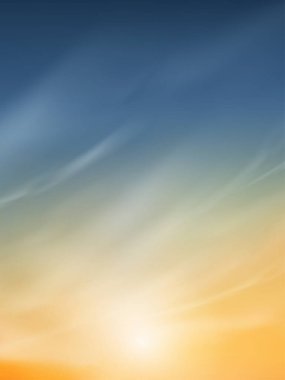 Sunset Sky with cloud in Blue,Orange,Yellow colour Background,Dramatic twilight landscape with Sunset in evening,Vector horizon Sunrise in Morning banner of Sunlight for four season backdrop banner