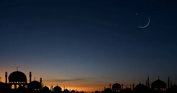 Cartão Islâmico Com Cúpula Mesquitas Lua Crescente Fundo Céu Azul — Fotografia de Stock