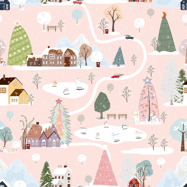 Seamless Pattern Winter Christmas Landscape Town Pine Tree Fairy Tale — Stock Vector