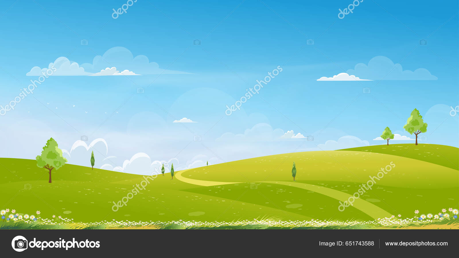 Fondo Primavera Con Césped Verde Campo Paisaje Con Montaña Cielo Vector de  stock #651743588 de ©annbkk.gmail.com, image size:1600x900