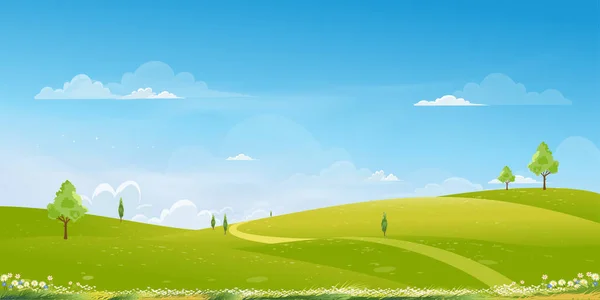 Spring Background Green Grass Field Landscape Mountain Blue Sky Clouds - Stok Vektor