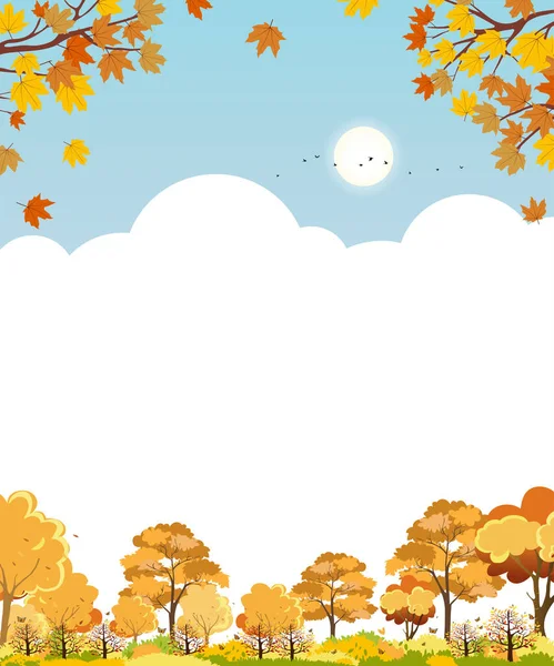 Autumn landscape with maple tree forest and cloud on blue sky background,Vector cute cartoon Fall season with orange foliage,Peaceful natural in sunny day,Autumnal background with copy space for text