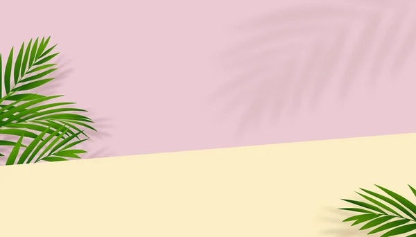 Подиум Кокосовыми Пальмовыми Листьями Тенью Фоне Желтой Розовой Стены Векторный — стоковый вектор