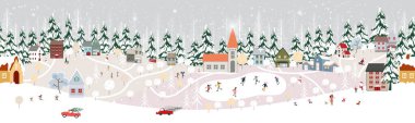 Kusursuz bir kış manzarası, köyde Noel ve 2024 yılbaşını kutlayan mutlu insanların parkta buz pateni oynadığı kırsalda vektör yatay afiş kışı harikalar diyarı.