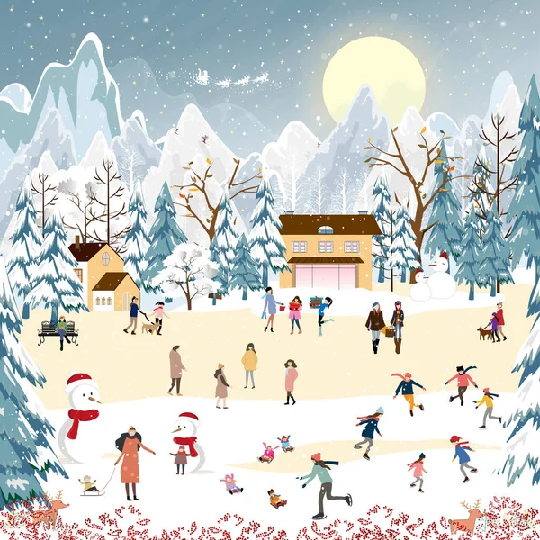 Winter Landscape Snow Fallingon Christmas Night Village Vector Banner Cute — Stock Vector