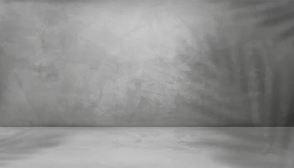 Grau Zementwand Textur Hintergrund Mit Kokospalmenblättern Schatten Overlay Empty Studio — Stockvektor