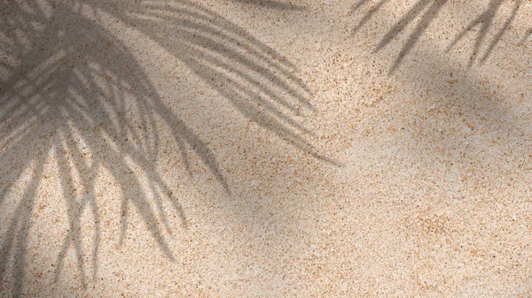 ココナッツパームの葉の影と砂のテクスチャの背景 熱帯の葉のオーバーレイと自然ビーチサンディ トップビュー砂漠の砂が行われました 水平方向の夏休み 休日の背景コンセプト — ストック写真