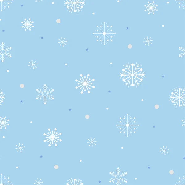 Nahtloses Muster Mit Niedlichen Schneeflocken Verschiedenen Größen Mit Weißem Punkt — Stockvektor